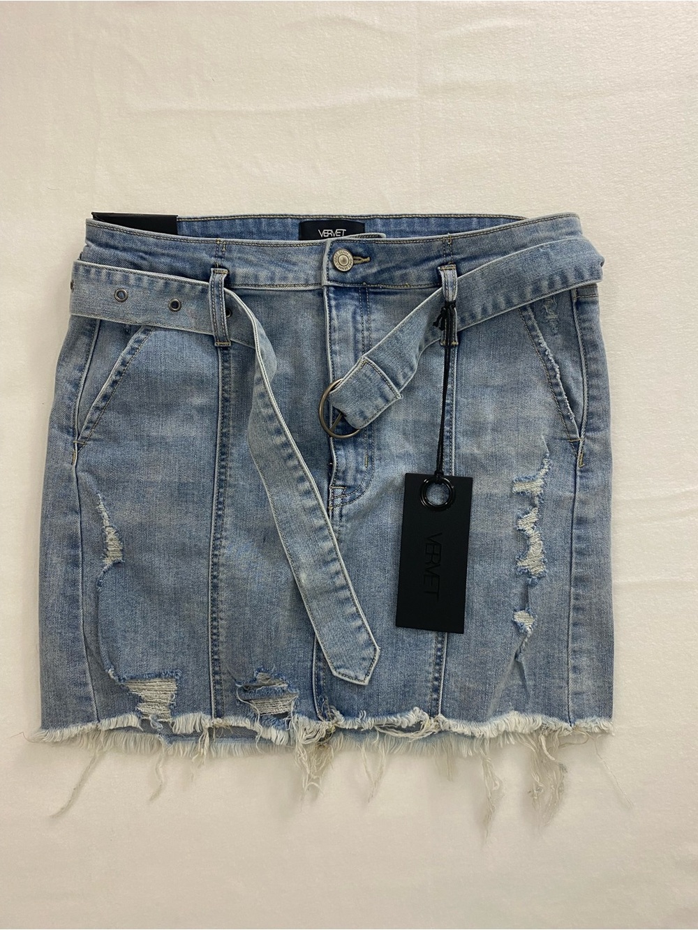 Vervet Light Blue Distressed Denim Mini Skirt with Belt